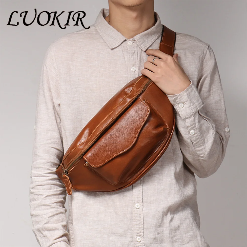 LUOKIR Retro Leather Men's Chest Bag, Vegetable Tanned Leather Casual Crossbody Bag, Cowhide Shoulder Bag