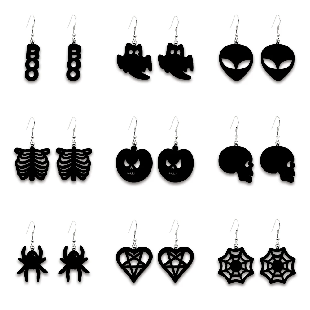 Halloween Horrific Theme Acrylic Hollow Out Hook Earrings Ghost Black Acrylic Resin Earrings Horror Elements Laser Cut Earrings