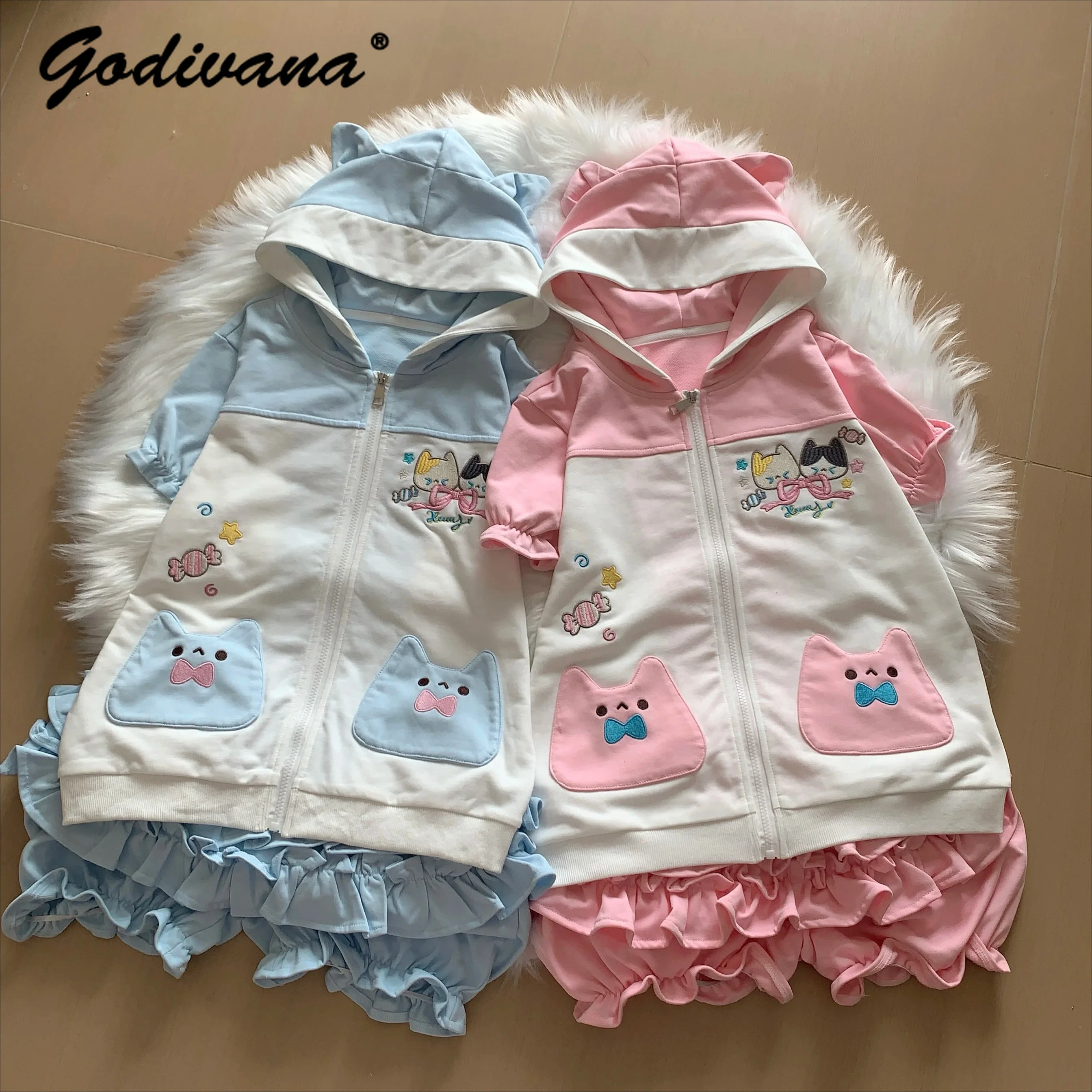 

Sweet Cute Cartoon Embroidery Short-sleeved Zipper Coat Hooded Jacket Culottes Two-piece Set Daughter Women's Summer Outfits