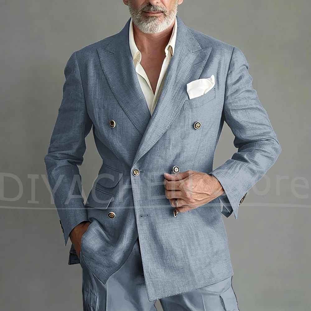 Men Linen Suit 2 Piece Double Breasted Blazer and Pants Fashion Casual Formal Wedding Beach Party Summer Smart Casual Outfit