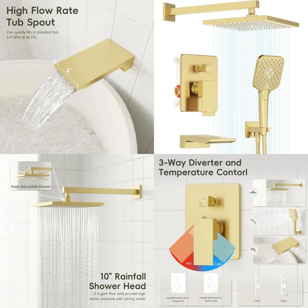 

10 High-Pressure Rain Shower System with Tub Spout and Wall-Mounted Faucet Set in Brushed Gold