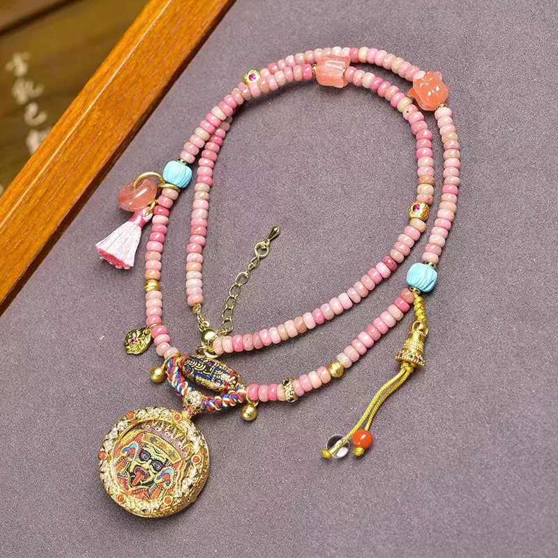 Tibetan Zaki Lam small thangka , Tara pendant, collarbone chain for women, rose stone green strawberry crystal neck