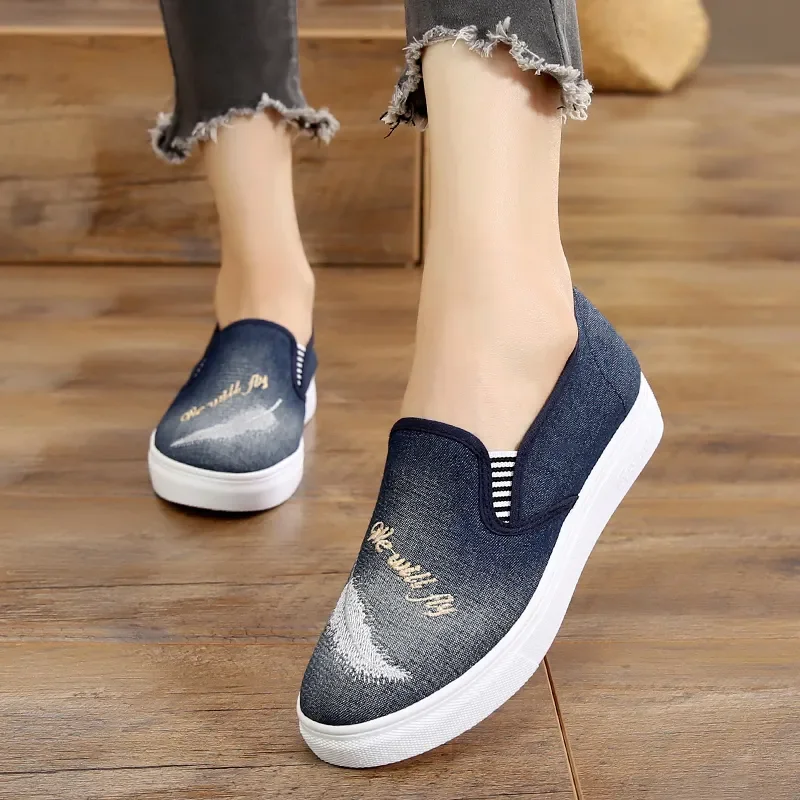 Women Cute Round Toe High Quality Comfort Spring & Summer Slip on Height Increased Shoes Lady Casual Blue Anti Skid Flats A211