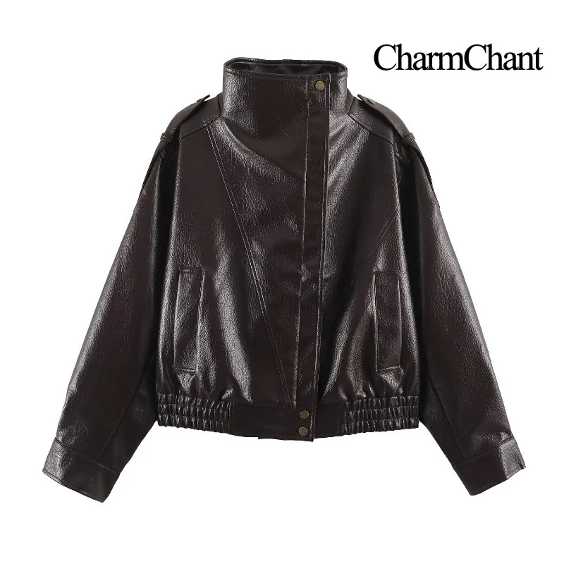 CHARMCHANT Women's Leather Jacket Vintage Asymmetrical Zip Up Stand Collar Epaulet Faux Leather Moto Coat Autumn Winter 2026