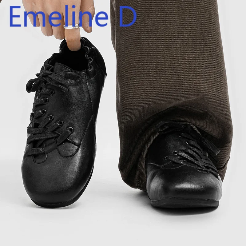 Folded Diagonal Lace Up Derby Shoes Black Round Toe Elastic Mouth Leather Casual and Comfortable Versatile Commuting Flat Shoes