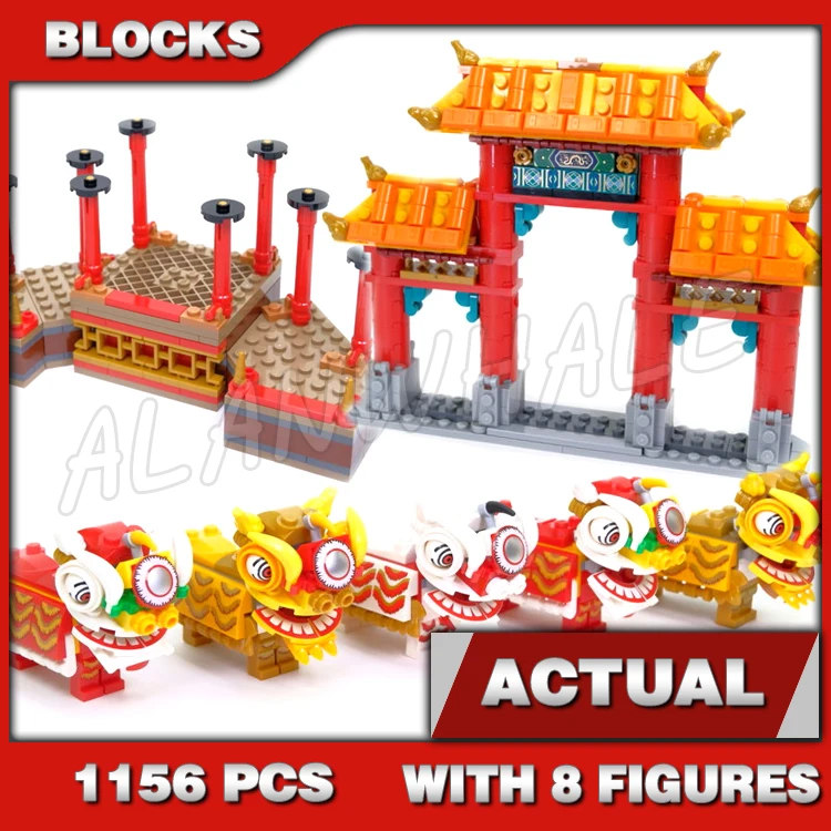 1156pcs Chinese Festivals Lion Dance Percussion Stages Temple Gate Drumming SY1475 Building Block Toy Compatible With Model