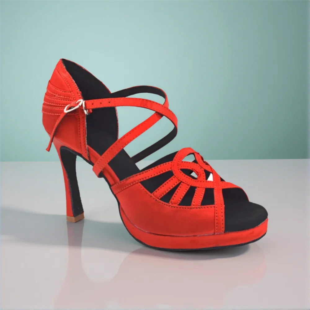 Evkoodance Red Latin Dance Shoes Professional 1.5cm flatform 10cm High Heel Satin Salsa Ballroom Dance Shoes DIY Women Evkoo-518
