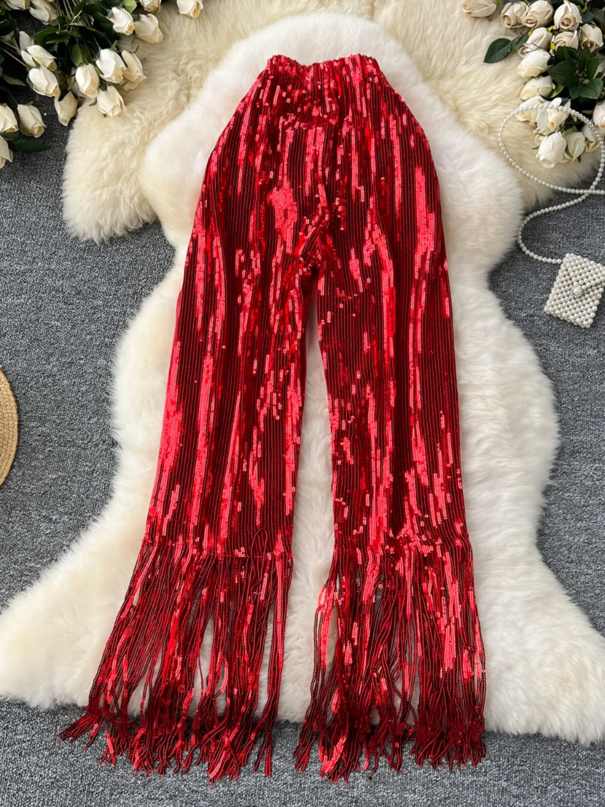 iny Pailletten Hohe Taille Breite Bein Hosen Frauen Sommer Abnehmen Casual Micro Flare Lange Hosen Schwere Quaste Leistung Kleidung