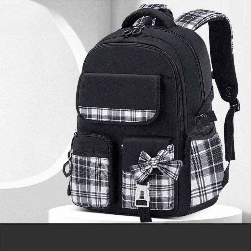 sac-a-dos-scolaire-mignon-de-grande-capacite-sac-a-dos-d'etudiant-a-carreaux-avec-nœud-sac-a-dos-impermeable-a-carreaux-pour-l'ecole-primaire