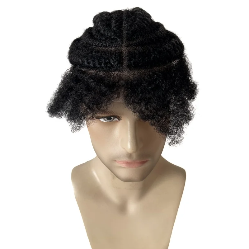 Indian Virgin Human Hair Systems 1# Jet Black Color Afro Cornrow Braids Toupee Full Lace Unit for Black Men