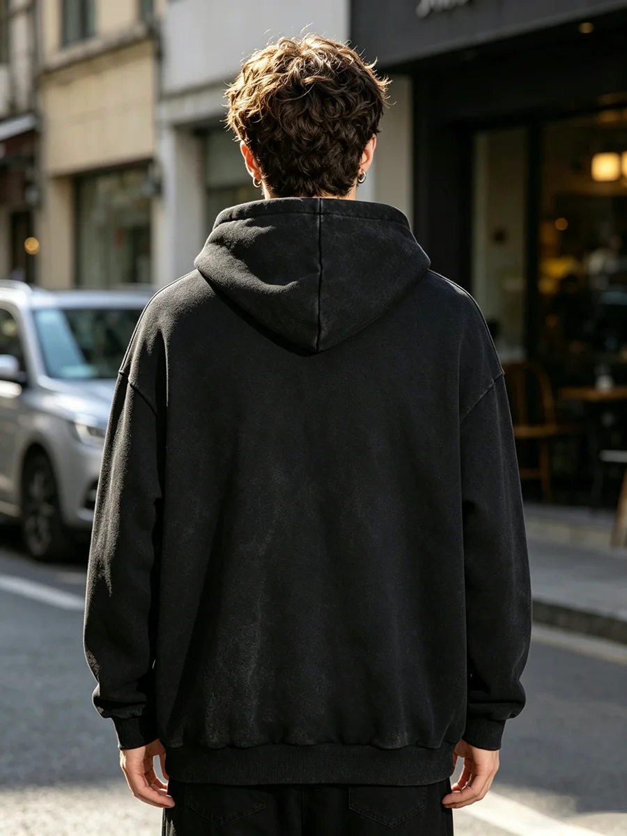Herren-Hoodie mit Flügel- und Kreuz-Print, gewaschen, lockerer Schnitt, 100 % Baumwolle, Distressed-Sweatshirt, Street-Style, Herbst-Winter, Commuter-Oberteil – Detail 3