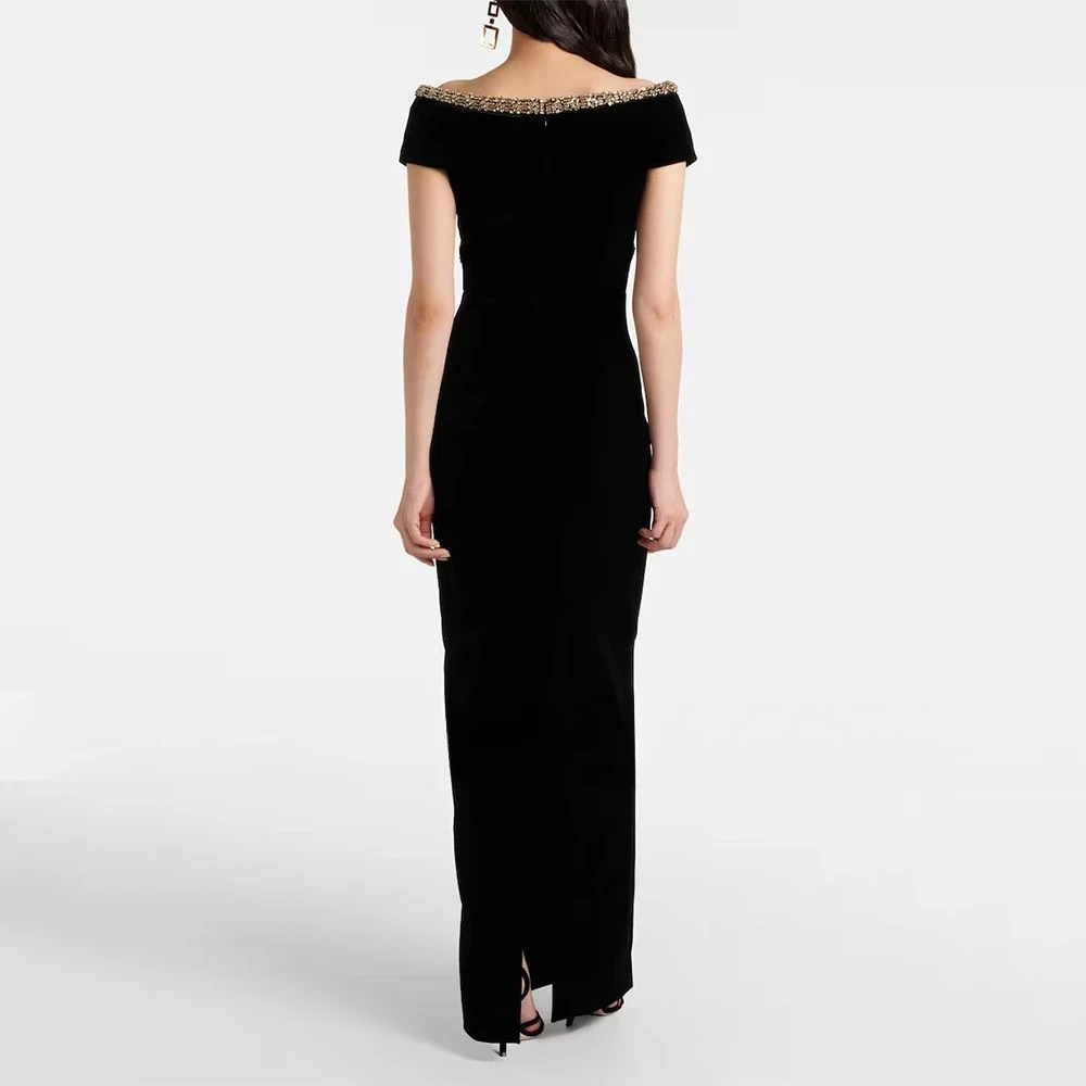 

Black Straight Women's Evening Gown Dress V Neck Beading Formal Party Dress Ankle Length Slit Sleeveless Prom Dress Customized