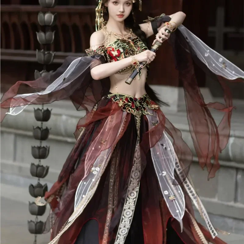 Exotic stand cut embroidery Chebule waist length streamer trouser skirt feathered cuff dress 2025 National style design clothing