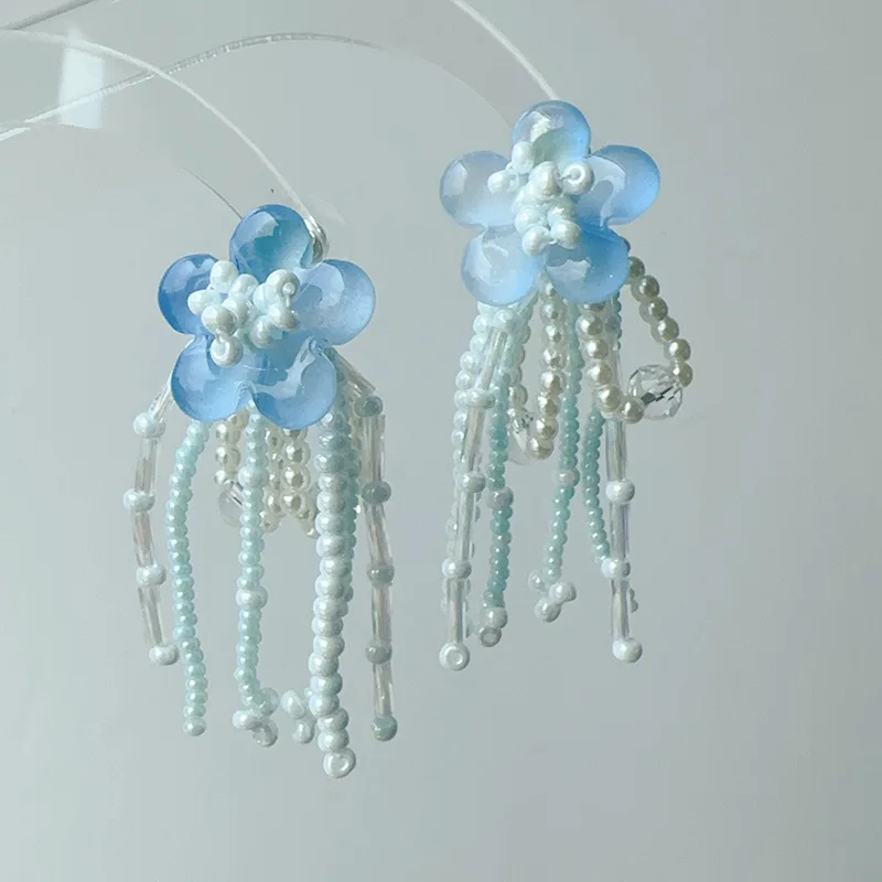 Blue peach jade earrings Korean niche fresh and elegant flower beaded tassel earrings