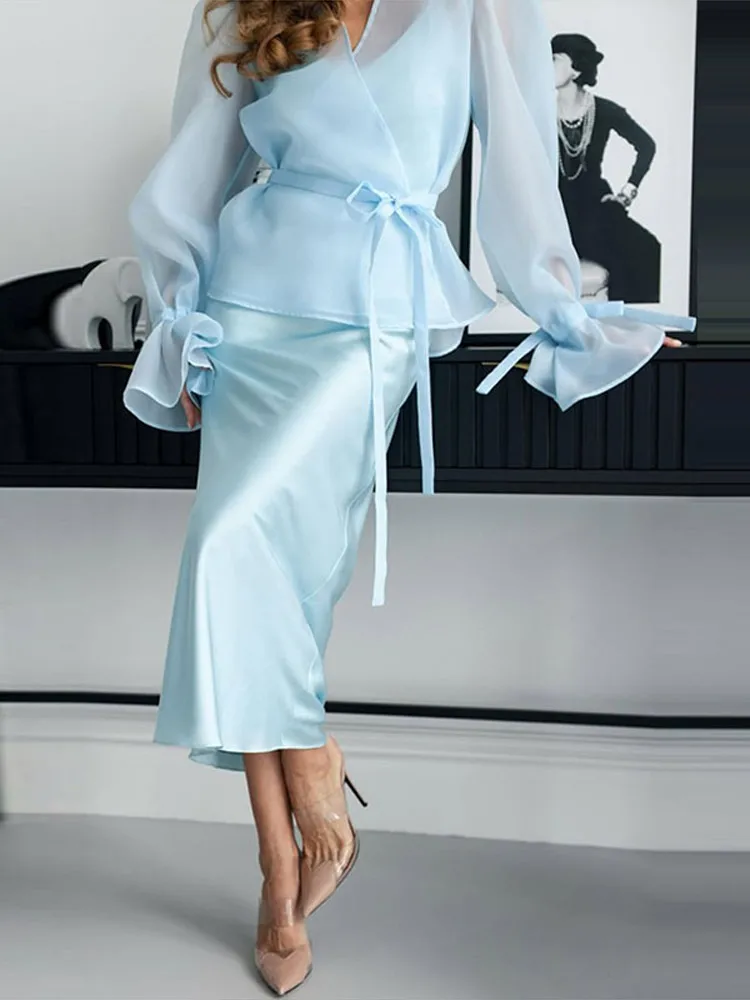 Chic Satin Top Skirts Set Women Solid Lace Up V Neck Peplum Long Sleeve Blouse High Waist Skirts 2026 Summer Autumn Party New view 3
