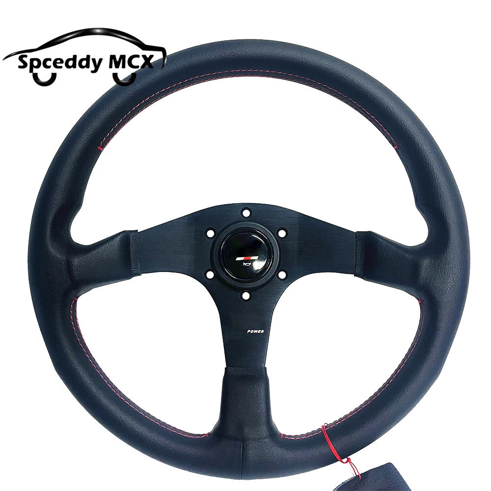 

Racing Drift Sport Mu Steering Wheel Real Leather 14inch With Red Stitching 350mm Diameter For Car Universal Modified