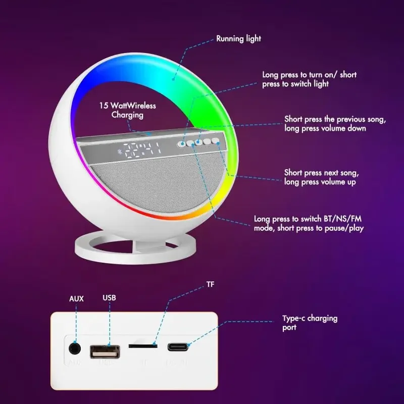 6-in-1 Wireless Charger, Multi-function Bluetooth Speaker, Clock, Alarm Clock FM Radio, Table Lamp, 12-color Ambient Night Light