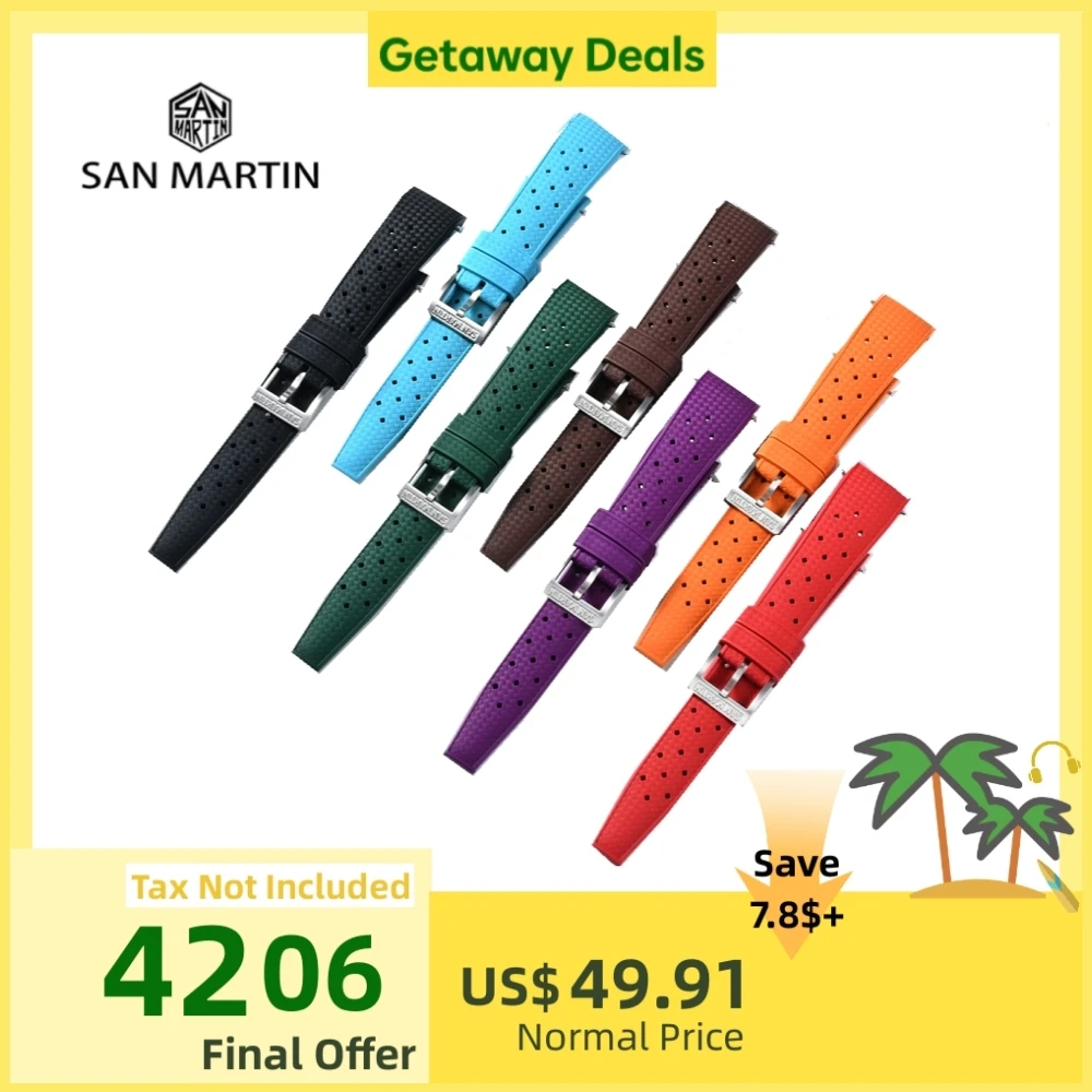 

San Martin Premium Tropical Fluorine Rubber Watchband Curved Ends For SN0144 Watch Strap 19/20/21mm Colorful Durable Waterproof