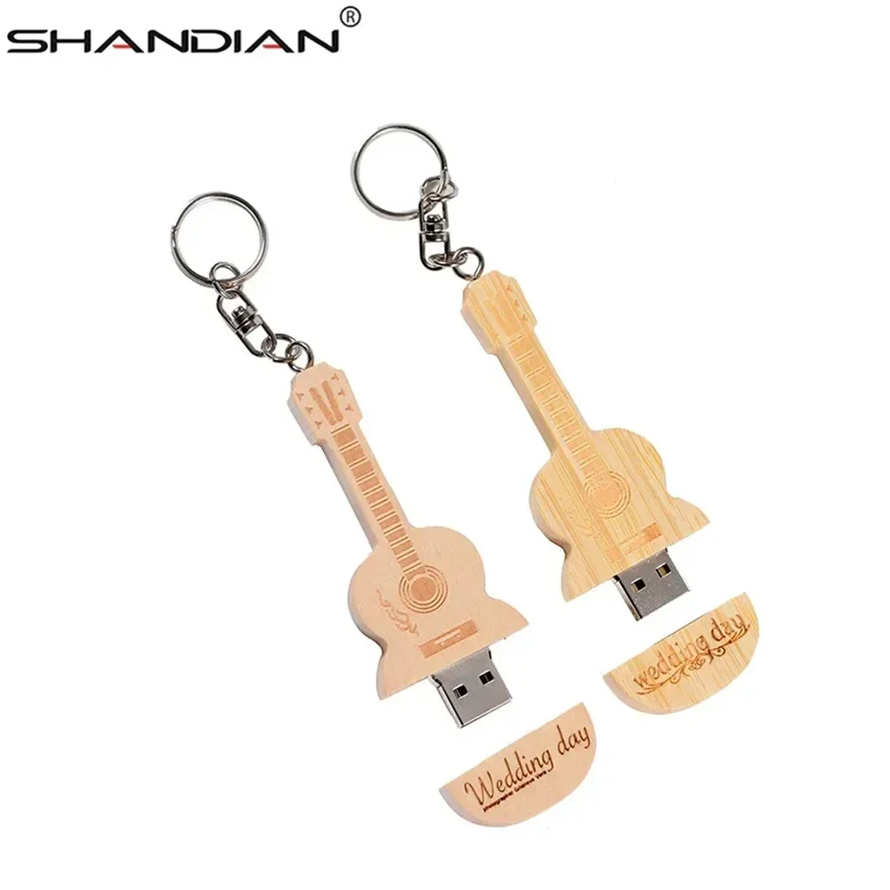 

SHANDIAN LOGO customized wooden guitar pen drive usb flash drive memory Stick pendrive 4GB 16GB 32GB 64GB metal keychain gift