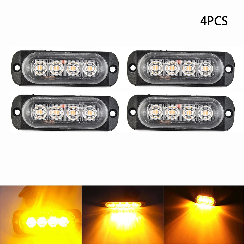 4pcs 4-LED 12-24V Amber Grille Lightbar Fit For Trucks/ Van/ Off-road Vehicles 3W/LED 3000K 333mA Side Marker Lamps Super Bright