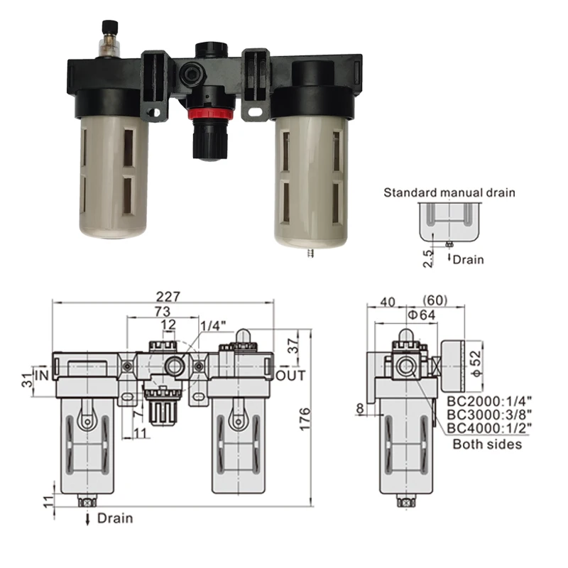 Filtr oczyszczania źródła powietrza BC2000 Separator wody i oleju Zestaw regulatora ciśnienia gwintu 1/4 BSP