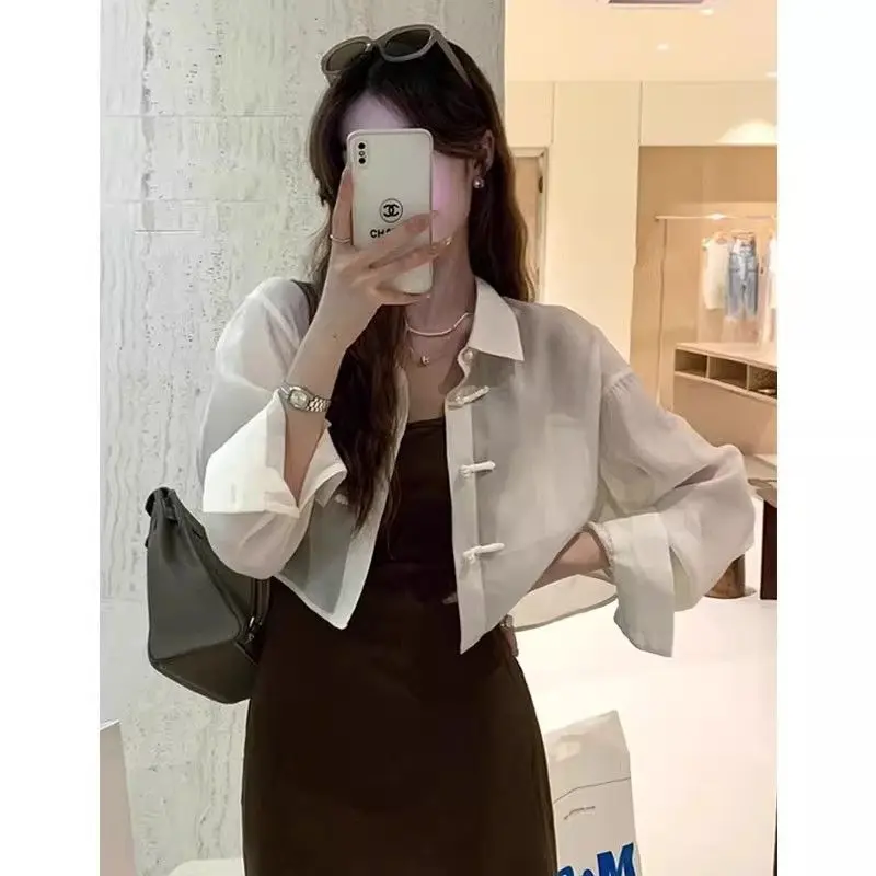 

Women Summer Chinese Style Solid Color Polo Collar Long Sleeve Sunscreen Shirt Ladies Fashion Temperament All-match Tops Coat