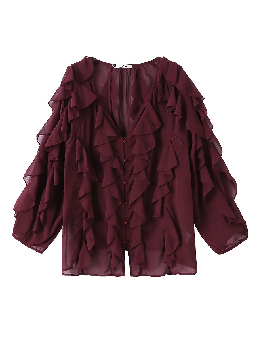 150 كجم حجم كبير المرأة التمثال 159 ربيع الخريف بأكمام طويلة الخامس الرقبة الدانتيل قميص كشكش حافة أعلى 5XL 6XL 7XL 8XL 9XL