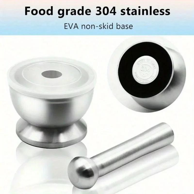 1Set Brushed Stainless Steel Mortar and Pestle Non-Skid Base Silicone Lid Spices Herbs Guacamole Grinder Pill Crusher Heavy Duty