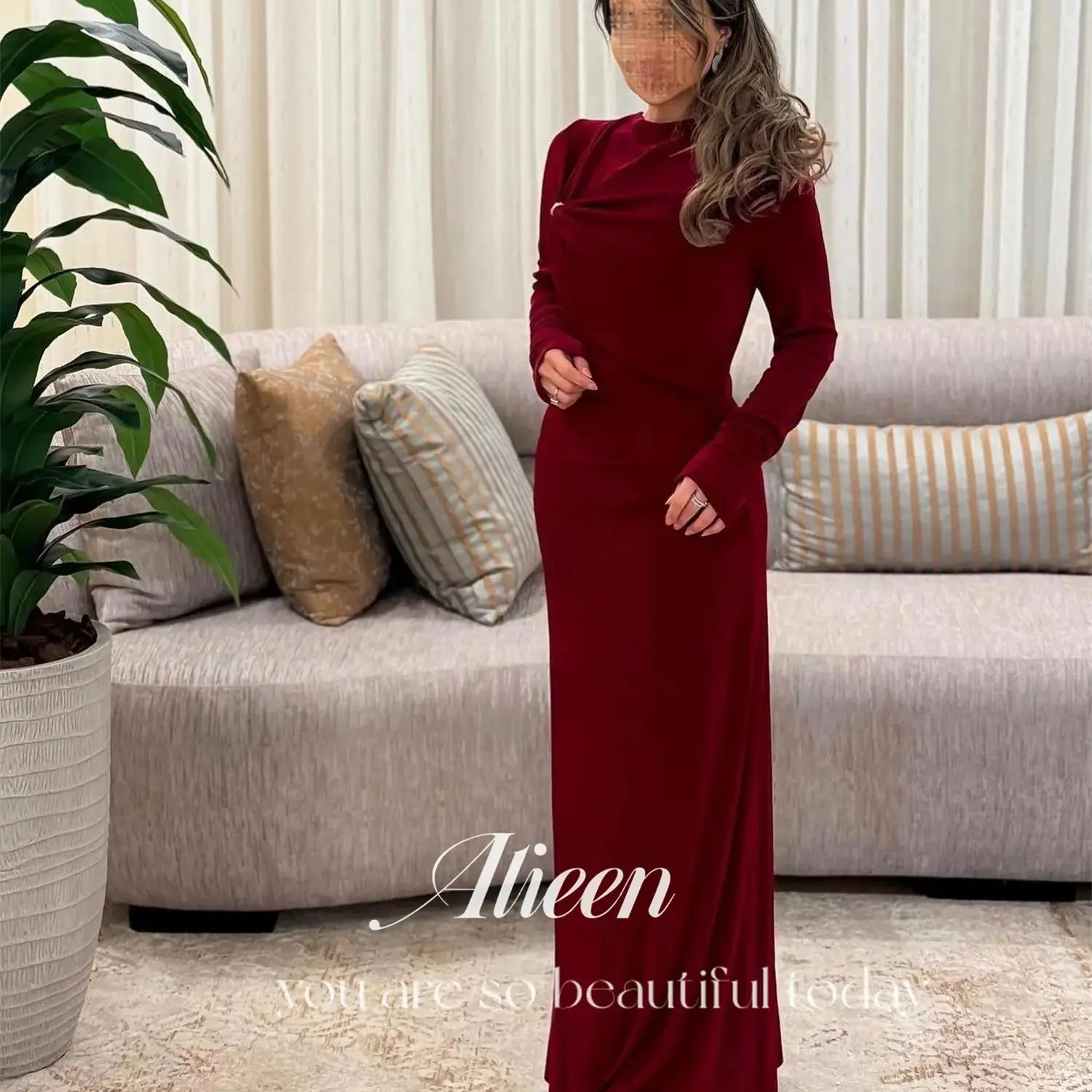 

Aileen Claret Evening Dresses Women Elegant Party Dresses Woman Customized Graduation Dress Long Sleeves Grace Robe Soiree Prom