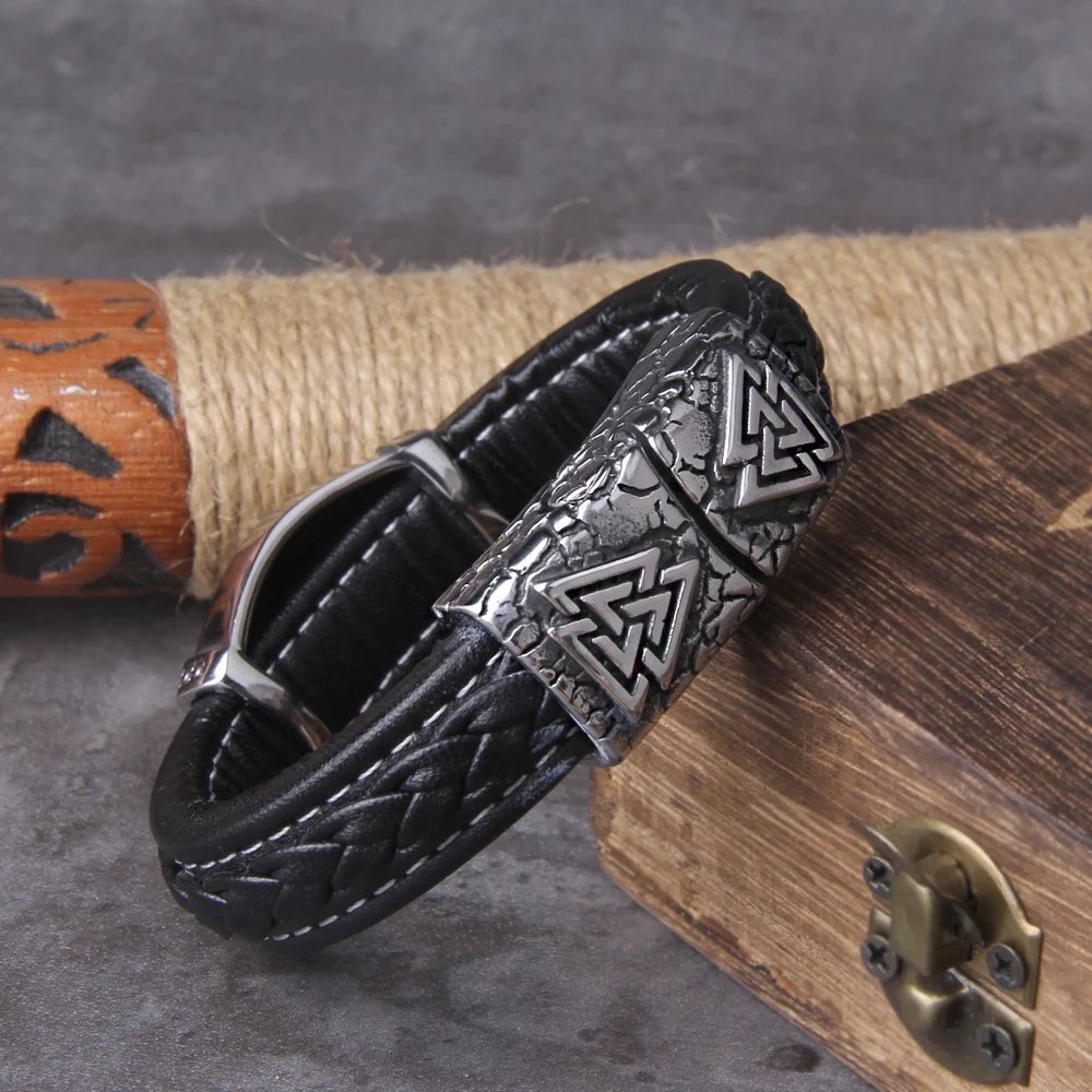 316L Stainless Steel Viking Vegvisir Compass Pendants Bangle Nose Runes Men Jewelry Odin Symbol Leather bracelet - view 3
