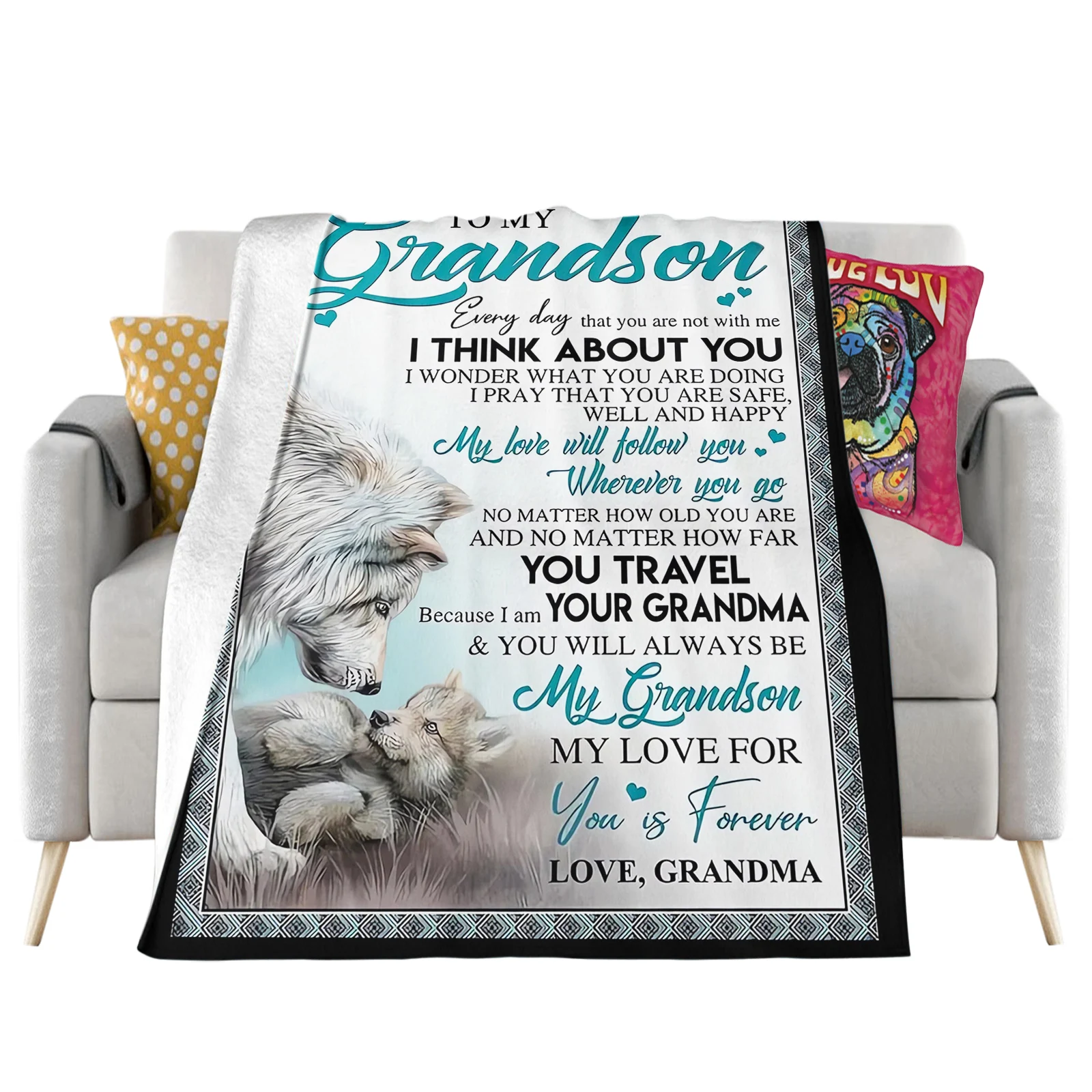 HX To My Grandson Flannel Blanket Wolf Printed Throw Blankets for Beds Plush Quilts Birthday Gifts A Mi Nieto Manta Dropshipping