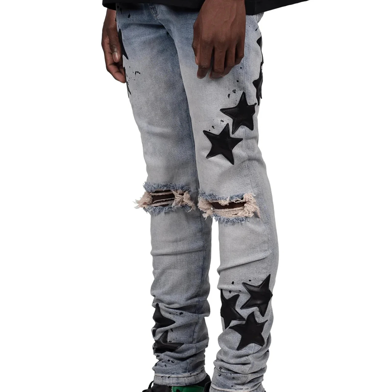 กางเกงยีนส์ทรงสลิมฟิตผู้ชายสตาร์ริปลำลองกางเกงยีนส์กลางสำหรับสวมใส่ทุกวันกิจกรรมกลางแจ้งสตรีทแวร์