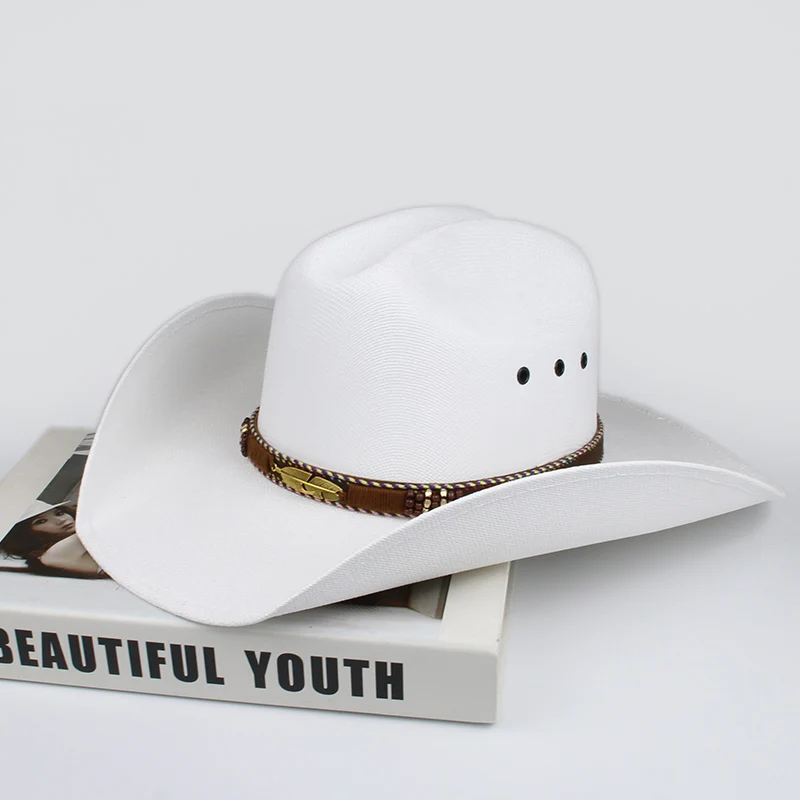 Women Men Retro Leaf Leather Belt Yellowstone Beach American Western Wide Brim Cowboy & Cowgirl Sun Hat Pinch Front   57-61cm