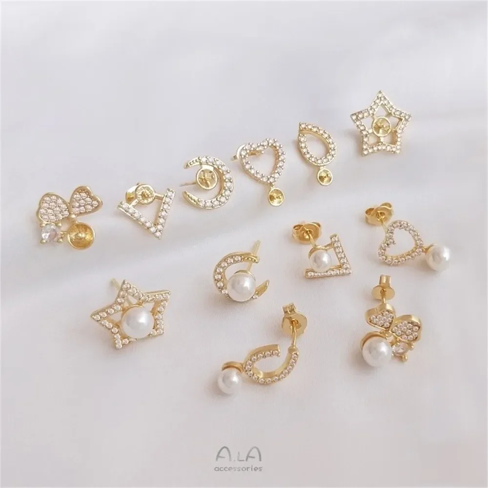 

14K Gold Micro Inlaid Zircon V-shaped Moon Pentagonal Star Half Hole Pearl Earring DIY Earring Material E274