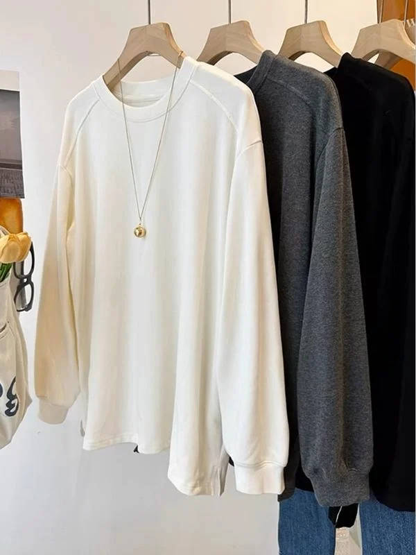 

Корейская минималистичная женская флисовая футболка с длинным рукавом, свободная базовая рубашка, модный дизайн с разрезами, зимний стиль для повседневной носки