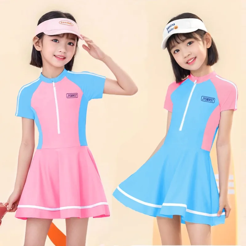 

7-16Y Girls Swimsuit Jumpsuit Skirt Short Sleeved Beach Wear Quick-drying Children's Swimwear