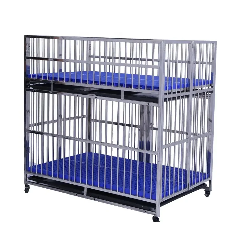 Double-Deck Heavy Duty Stainless Steel Dog Cage Kennel Crate with Divider 4 Lockable Wheels Double Doors and Removable Tray