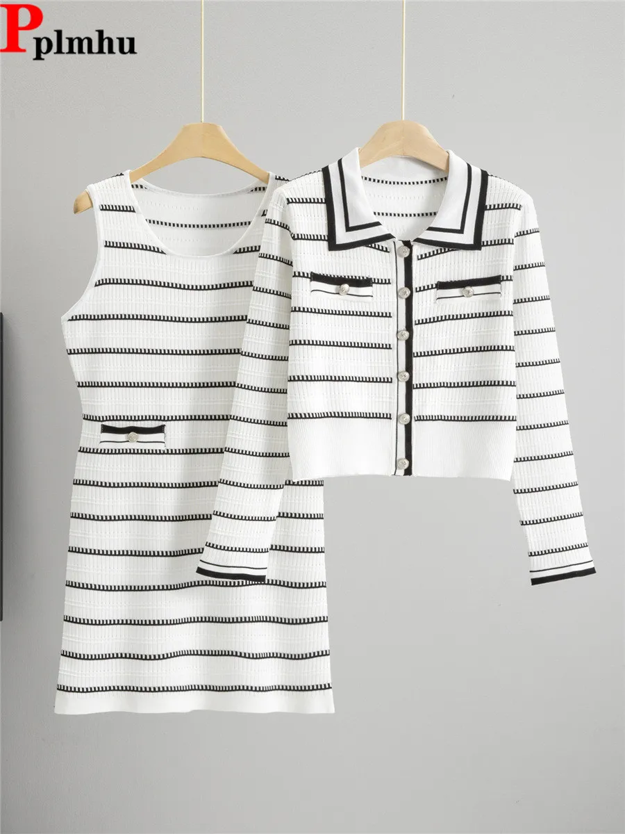 

Элегантный тонкий вязаный комплект из 2 предметов, женский однобортный трикотаж, кардиган, топы, Conjuntos, полосатое платье без рукавов с круглым вырезом, наряд