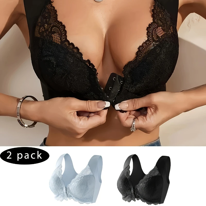 2 Pcs Womens No Steel Ring Front Close Bra Lingerie T Back Seamless Unlined Bra For Large Bust Low Sports Bra Lace Plus Size Bra