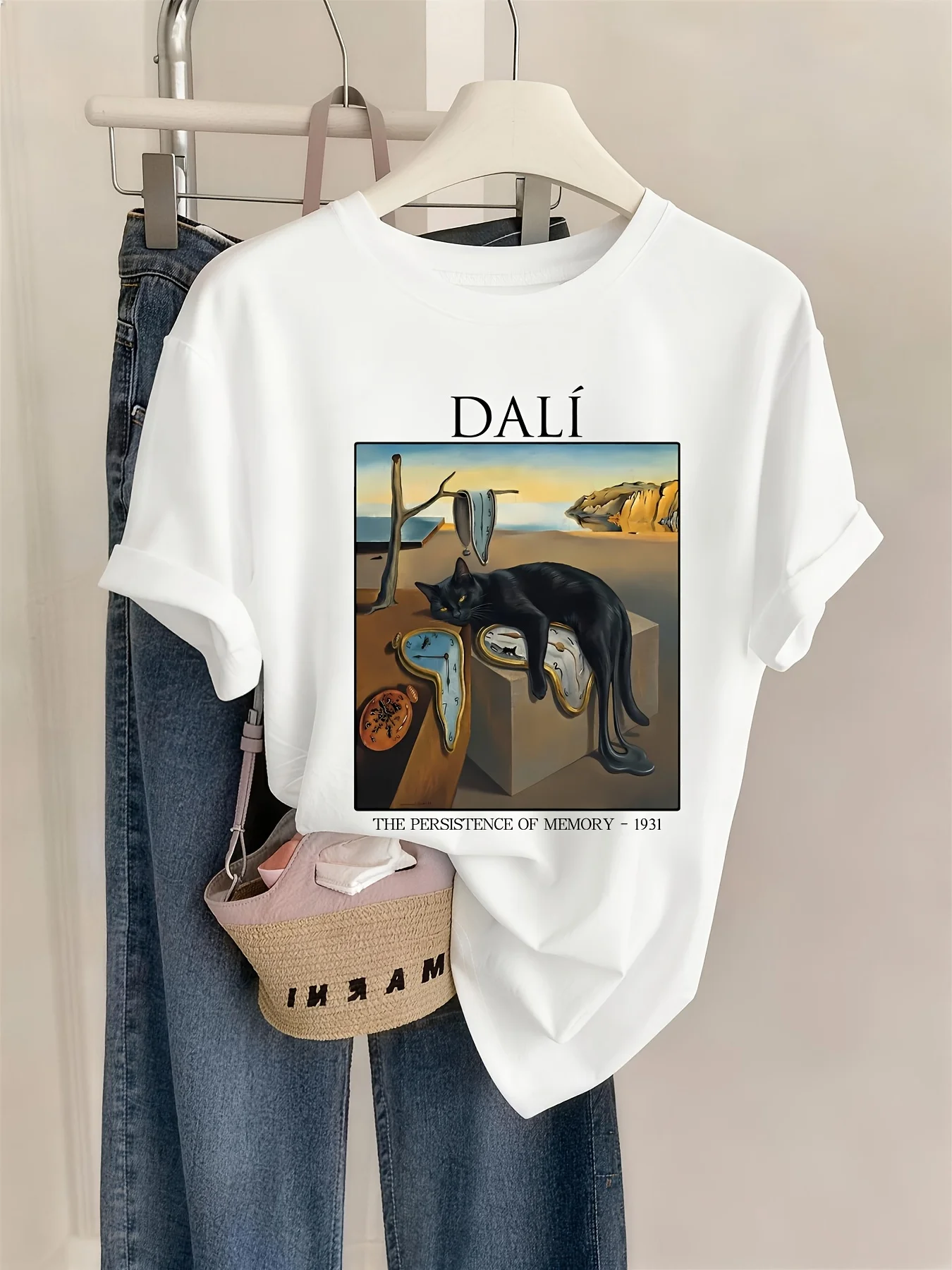Dali's Persistence in Memory, Black Cat, Printed Women's Spring and Summer Clothing, Combined Version Round Neck T-shirt