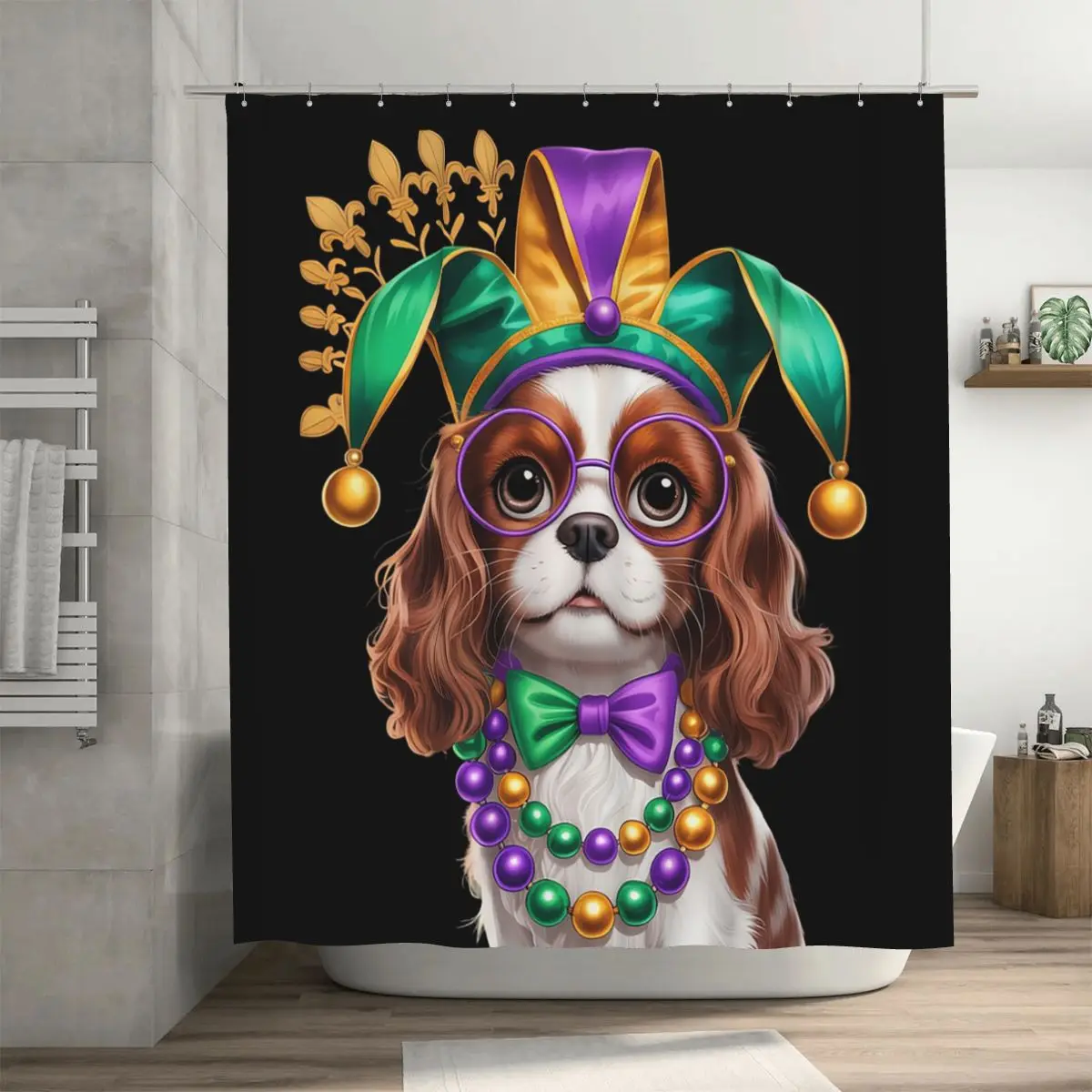 

Cocker Spaniel Dog Cute Puppy Hat Glass Mardi Gras Beads Shower Curtain Bathroom Polyester Waterproof Bath Curtains with Hooks