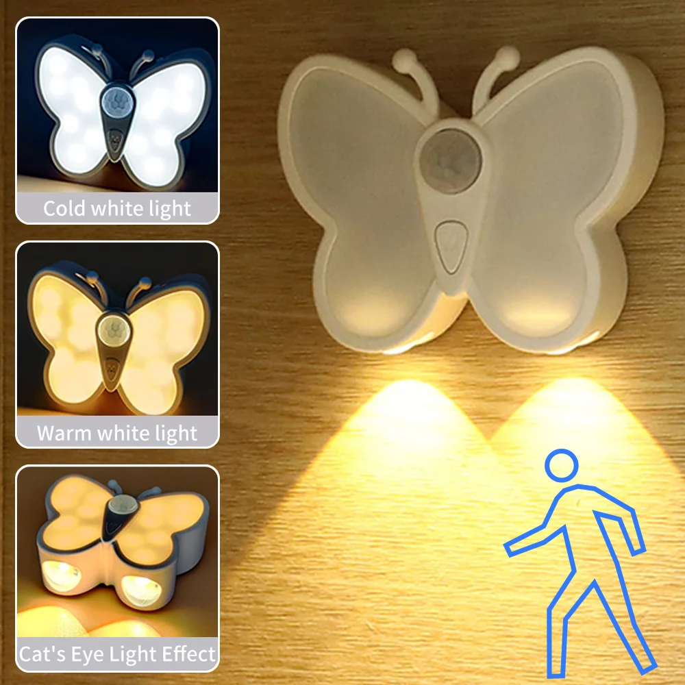 Wireless Sensor Night Light Rechargeable Magnetic Suction Bedroom Lamp 3-Mode Dimmable Butterfly Light for Aisle Porch Hallway