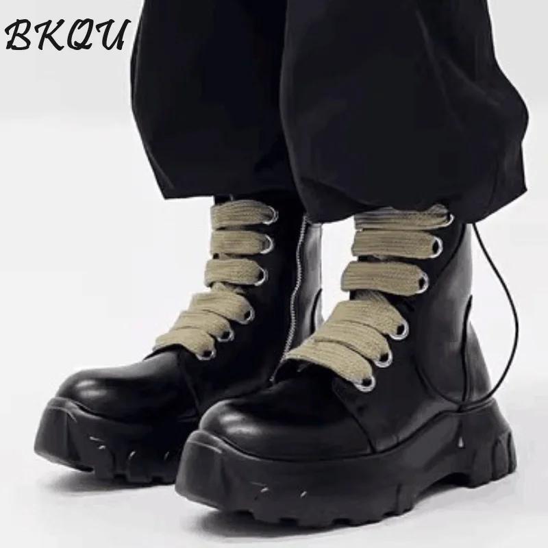 BKQU Men Side Zipper British Punk Retro Cycling Motorcycle Boots 2024 Autumn New Thick Soled Mid-barrel Rider Hiking Boots