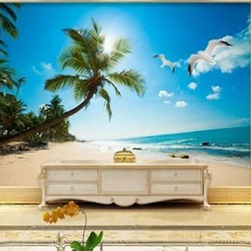 

Love Sea Landscape painting coconut tree Mediterranean Hawaiian TV bedroom Internet celebrity background wall paper