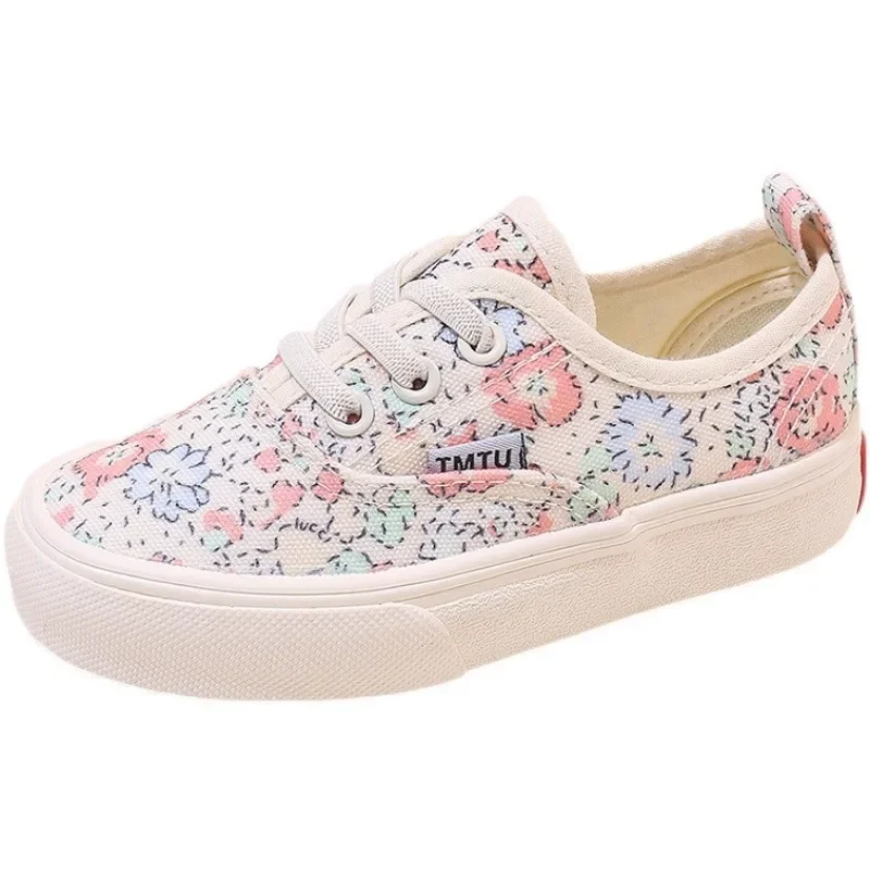 Cute Flower Design Girl Canvas Slip-on Shoes Round Toe Non Slip Kids Outdoor Comfortable Breathable Casual Soft Sole Shoes