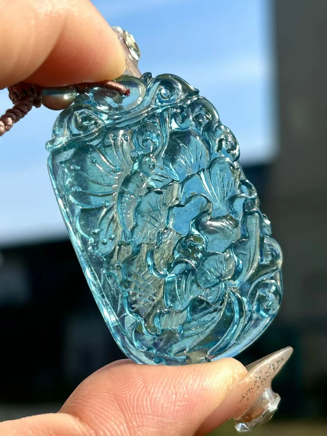 Natural Blue Aquamarine Quartz Pendant Flower Brazil Women Men 47x32mm Aquamarine Deep Blue Necklace AAAAA