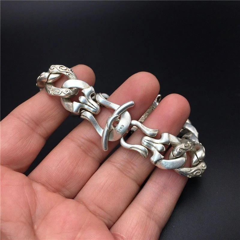 Ancient Craft Carved Tiger Head Bracelet, Tibetan Miao Silver Punk Bangle, Retro Luxury Hand Jewelry Gift for Men Women