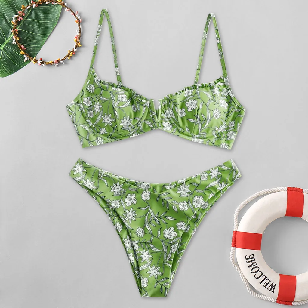 Plus Size Women Swimsuit Flower Printed High Cut V Neck Two Pieces Swimsuit Beachwear Swimwear Women Summer Beach Bikini Set