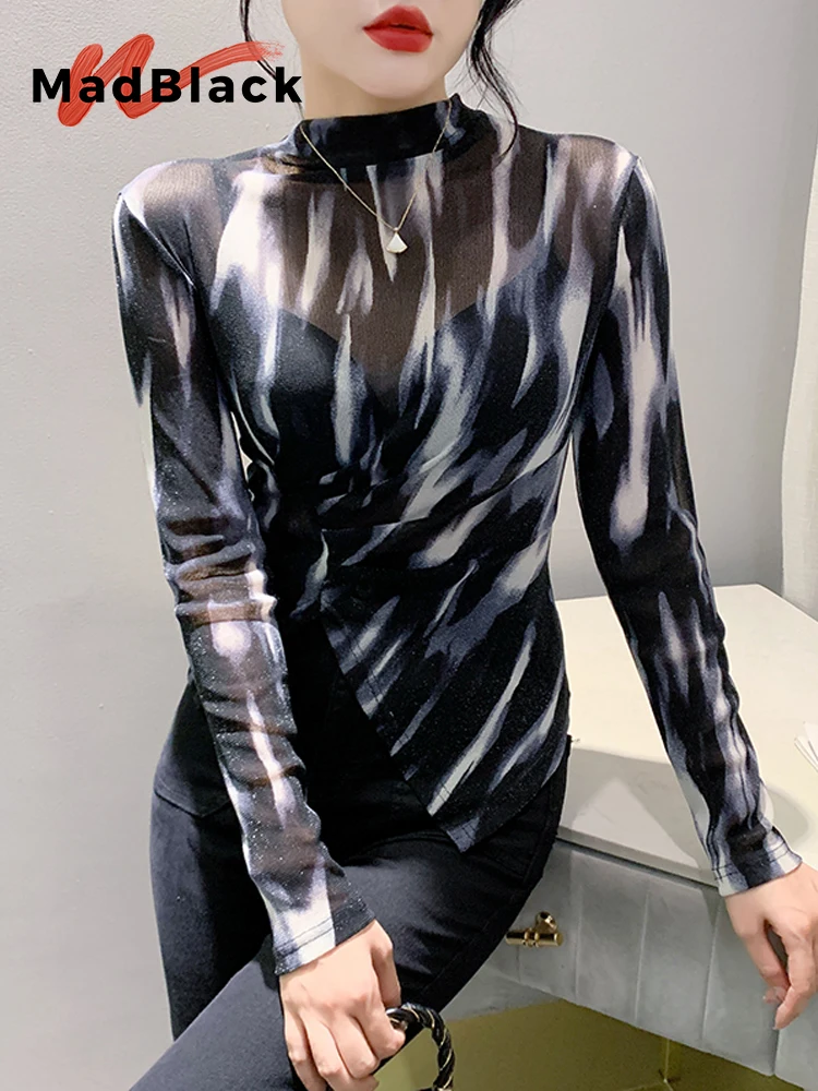 

MadBlack European Clothes Tshirt Women Sexy Half Turtlenecks Slit Slim Mesh Top Long Sleeve Tee New Autumn Winter T38049JC