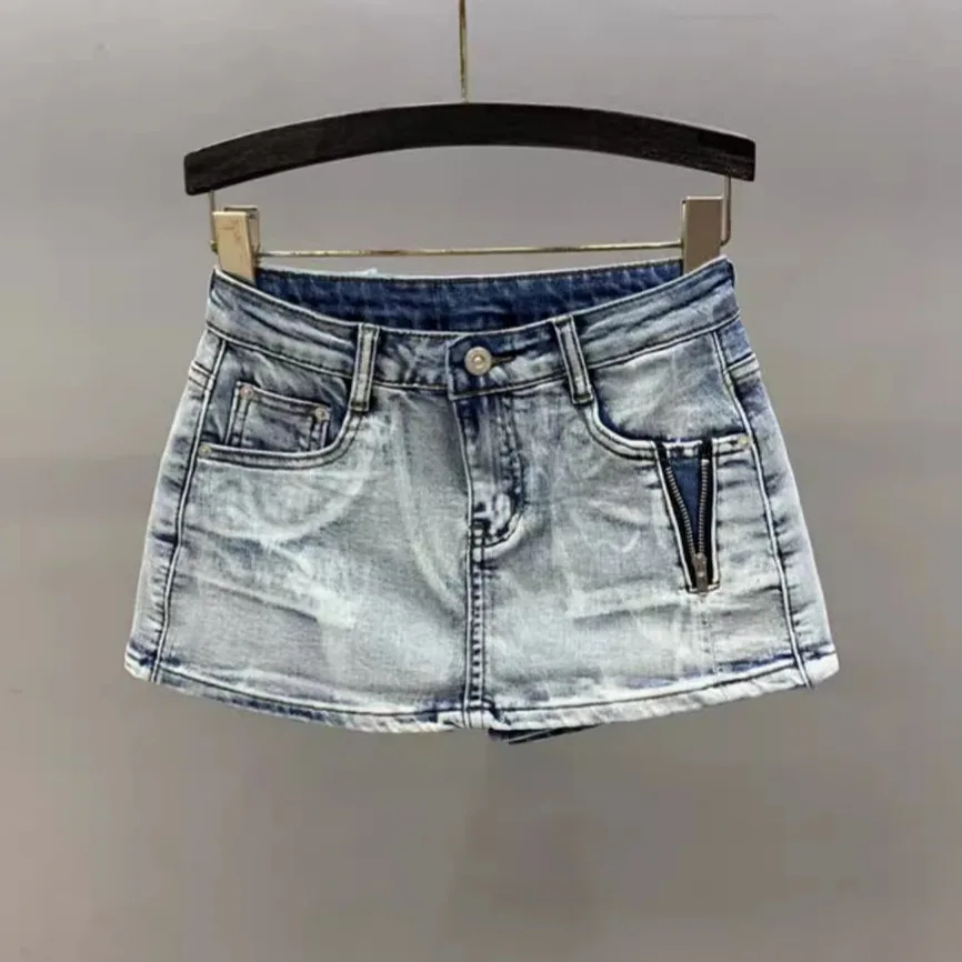 [zoci] High Waisted Denim Shorts Skirt Summer Vacation, Two Piece Design, A-line Hip Hugging Skirt